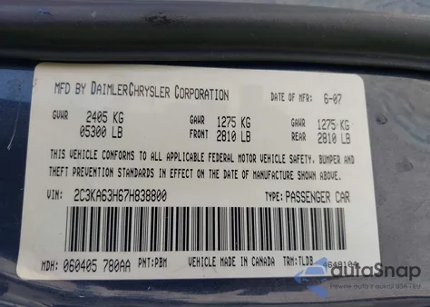 2007 Chrysler 300C z USA, uszkodzony, nr VIN 2C3KA63H67H838800